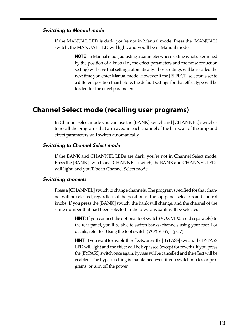 Channel select mode (recalling user programs) | Vox Valvetronix Amp VT15 User Manual | Page 13 / 28
