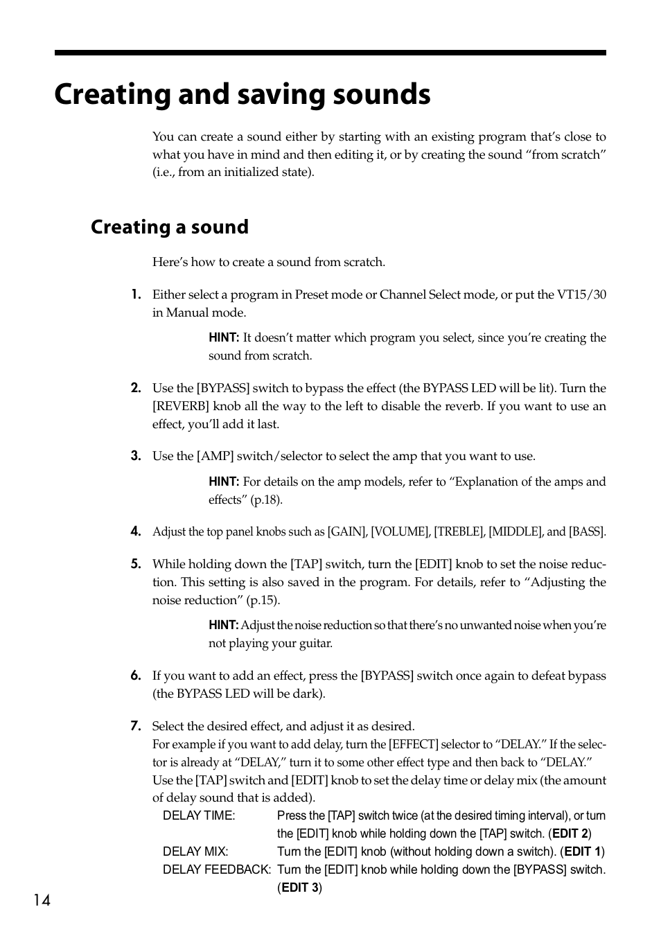 Creating and saving sounds, Creating a sound | Vox Valvetronix Amp VT15 User Manual | Page 14 / 28