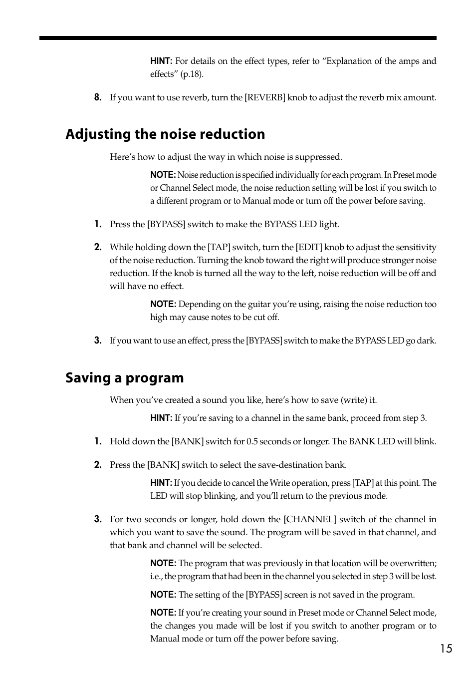 Adjusting the noise reduction, Saving a program, Adjusting the noise reduction saving a program | Vox Valvetronix Amp VT15 User Manual | Page 15 / 28
