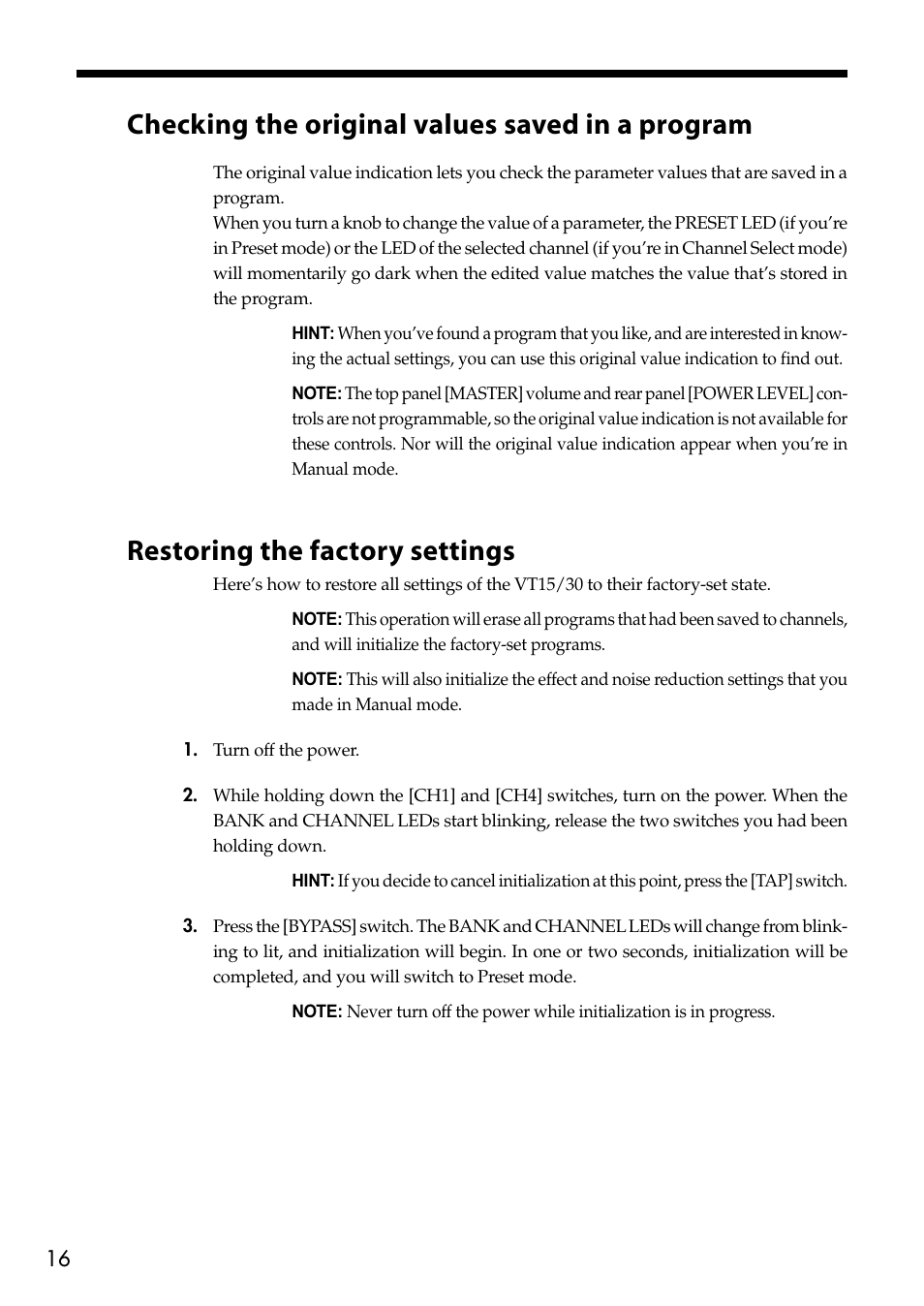 Checking the original values saved in a program, Restoring the factory settings | Vox Valvetronix Amp VT15 User Manual | Page 16 / 28