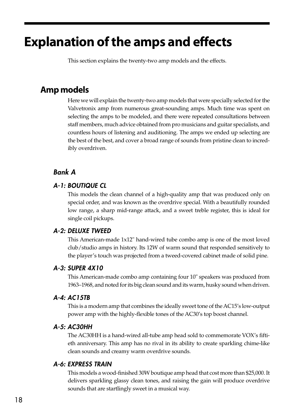 Explanation of the amps and effects, Amp models | Vox Valvetronix Amp VT15 User Manual | Page 18 / 28