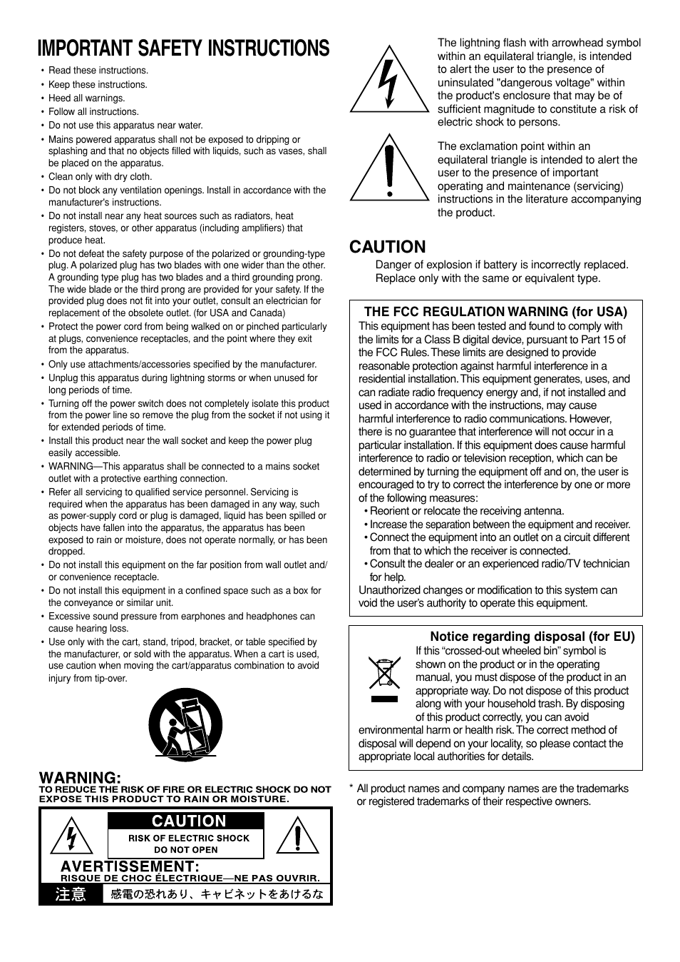 Important safety instructions, Caution, The fcc regulation warning (for usa) | Notice regarding disposal (for eu) | Vox Valvetronix Amp VT15 User Manual | Page 2 / 28