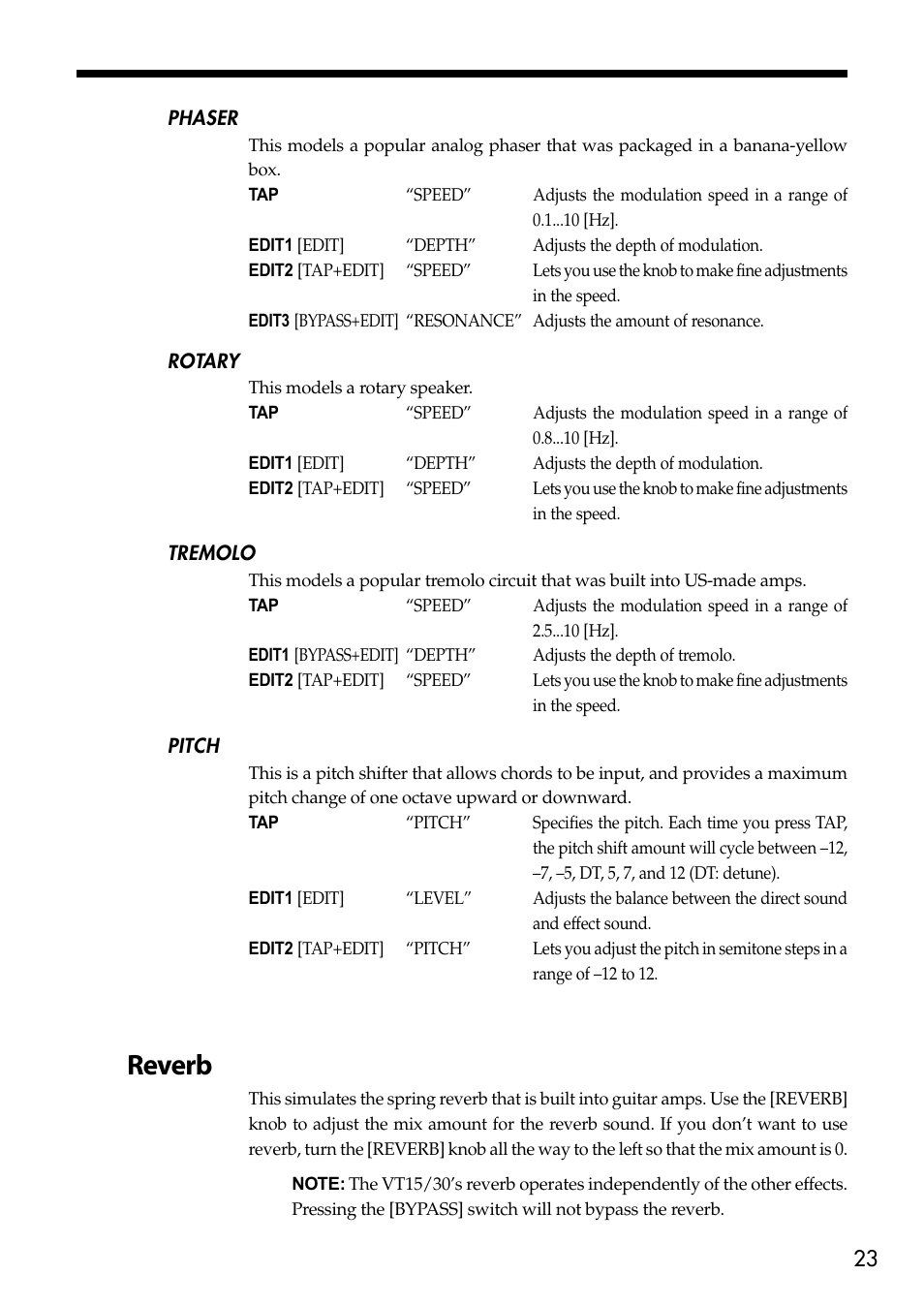 Reverb | Vox Valvetronix Amp VT15 User Manual | Page 23 / 28