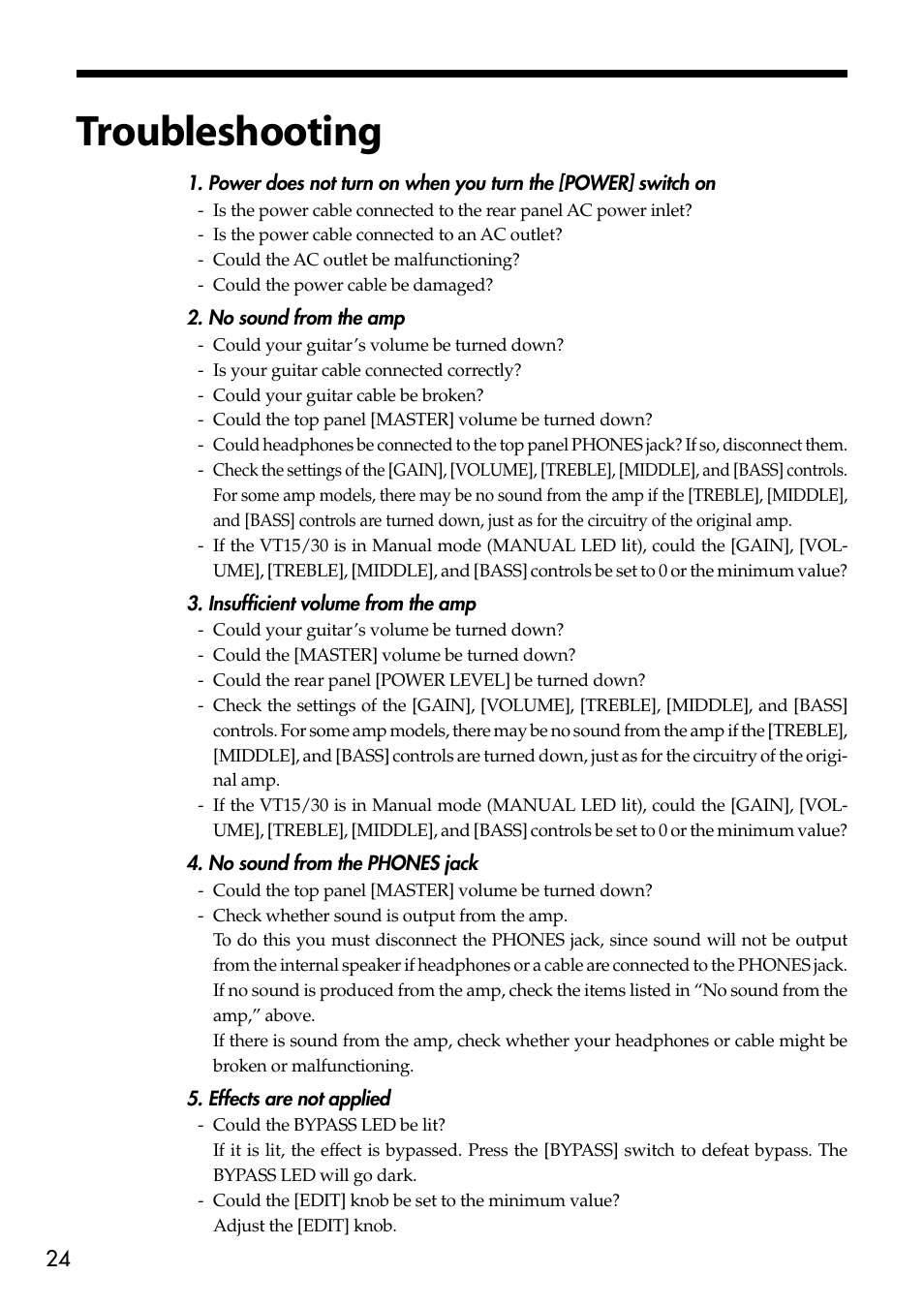 Troubleshooting | Vox Valvetronix Amp VT15 User Manual | Page 24 / 28