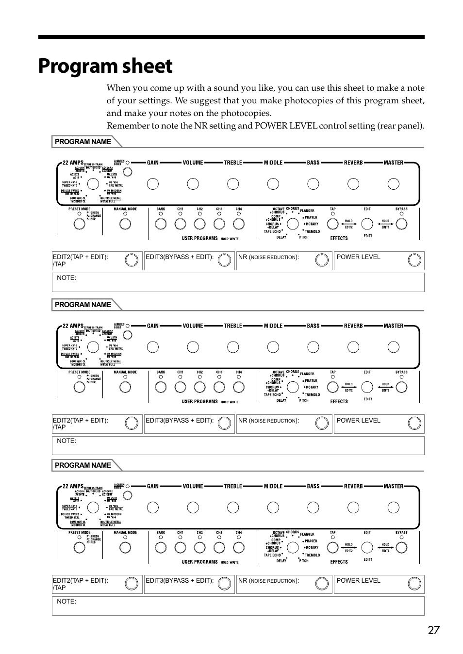 Program sheet | Vox Valvetronix Amp VT15 User Manual | Page 27 / 28