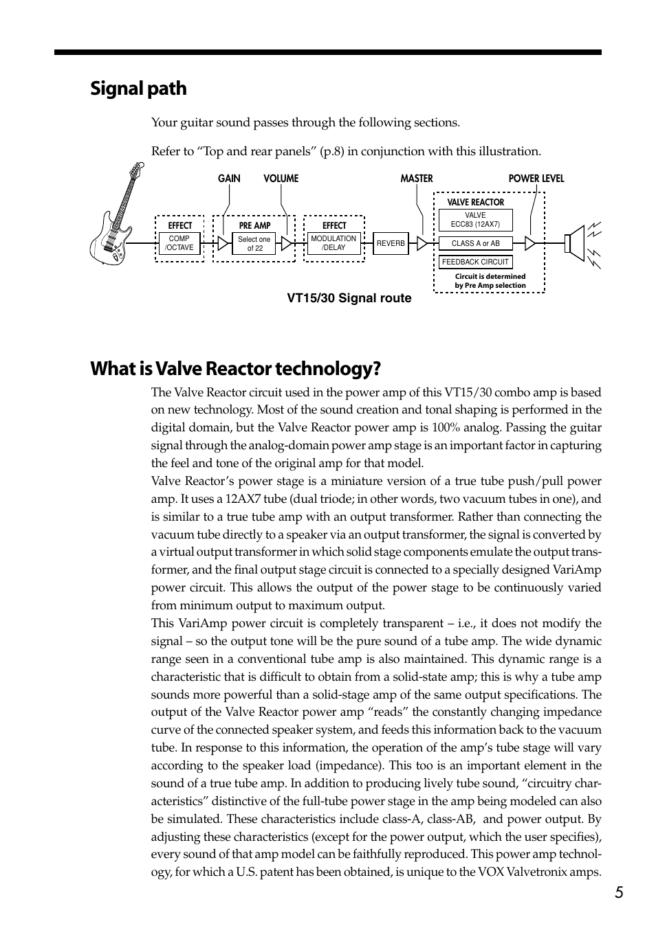 Signal path, What is valve reactor technology, Signal path what is valve reactor technology | Vt15/30 signal route | Vox Valvetronix Amp VT15 User Manual | Page 5 / 28