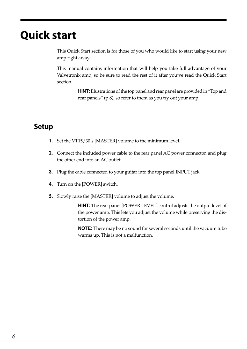 Quick start, Setup | Vox Valvetronix Amp VT15 User Manual | Page 6 / 28