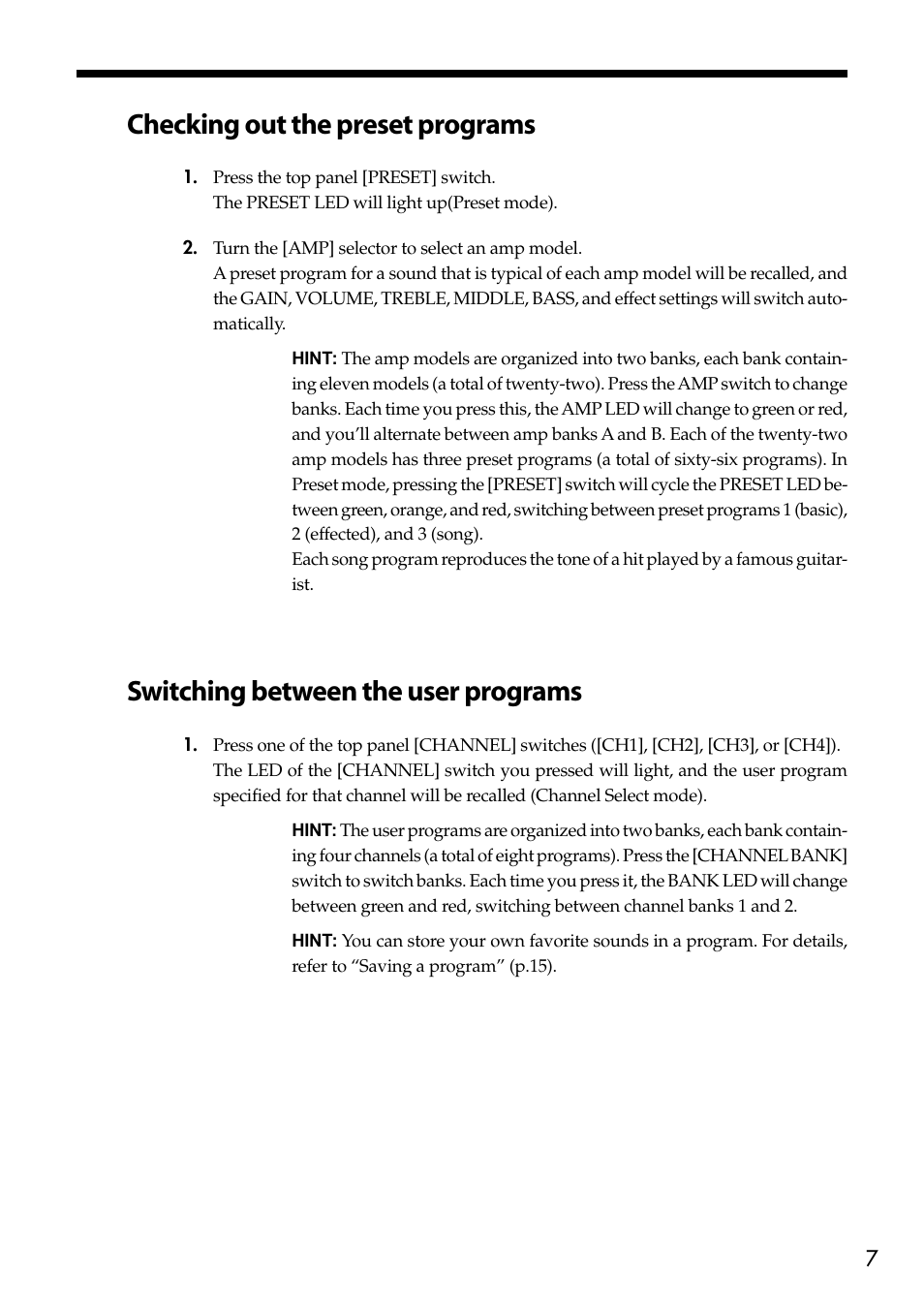 Checking out the preset programs, Switching between the user programs | Vox Valvetronix Amp VT15 User Manual | Page 7 / 28