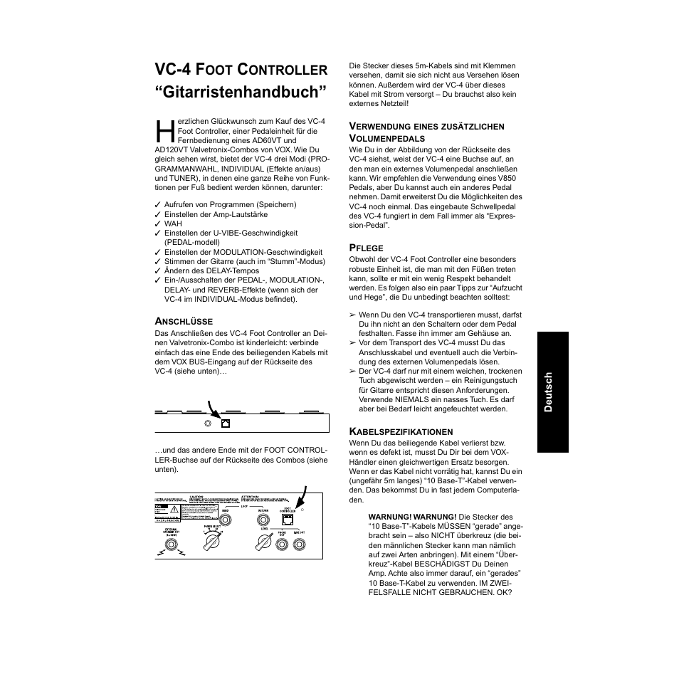 Vc-4 foot controller “gitarristenhandbuch, Anschlüsse, Verwendung eines zusätzlichen volumenpedals | Pflege, Kabelspezifikationen, Vc-4 f, Gitarristenhandbuch, Ontroller | Vox VC-4 User Manual | Page 23 / 32