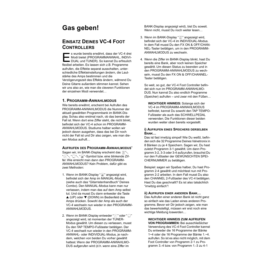 Gas geben, Einsatz deines vc-4 foot controllers, Programm-anwahlmodus | Seite 26), Dus (siehe seite 26) und den individu, Vc-4 f | Vox VC-4 User Manual | Page 26 / 32