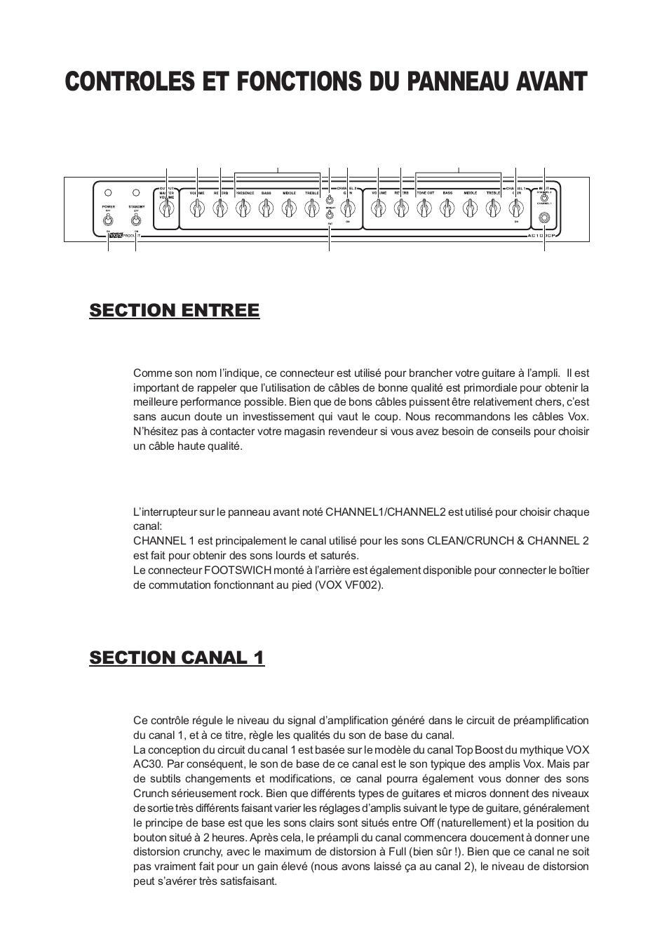 Controles et fonctions du panneau avant | Vox Classic Plus AC50 User Manual | Page 12 / 37