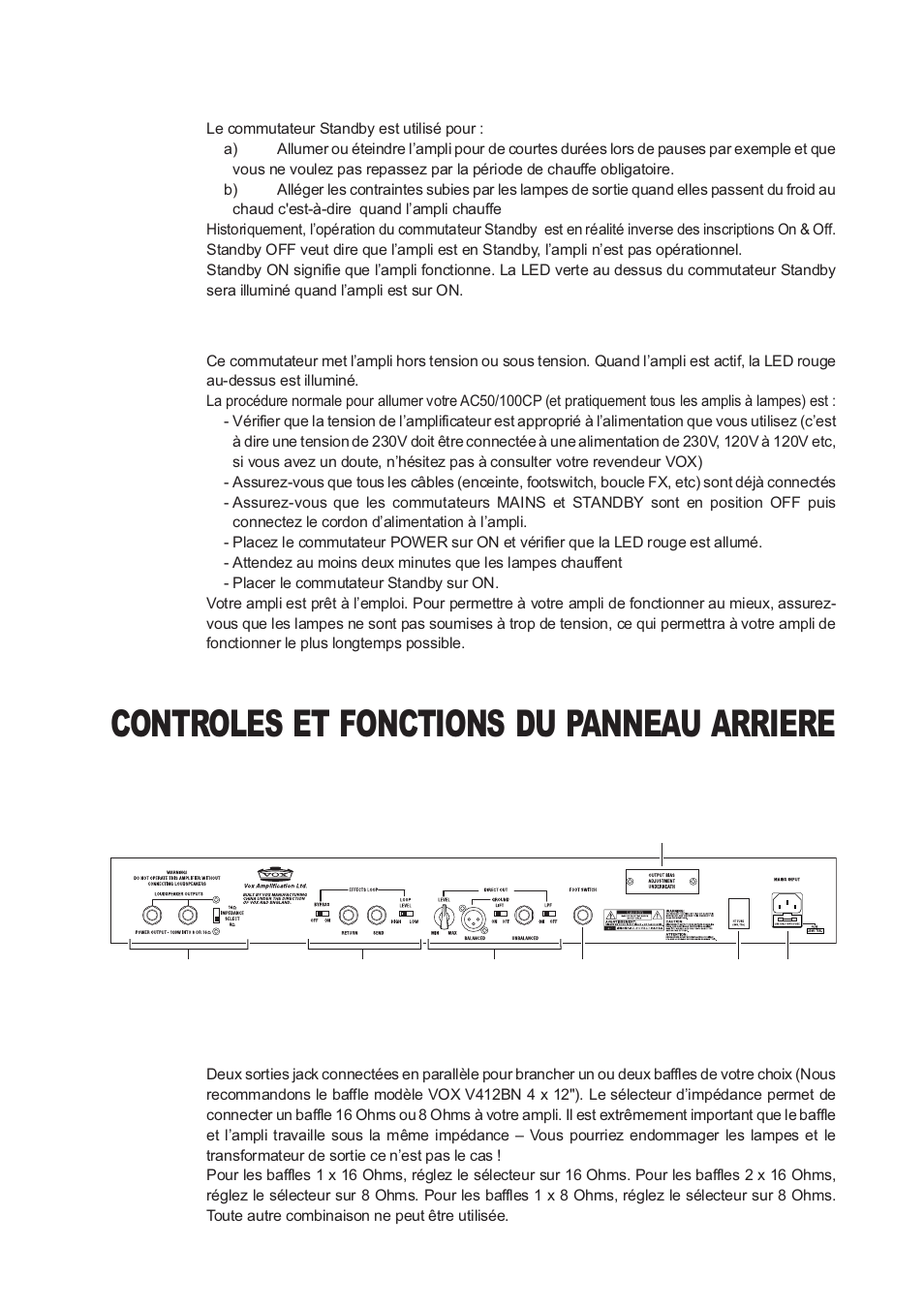 Controles et fonctions du panneau arriere, Commutateur standby, Commutateur power | Sortie baffle | Vox Classic Plus AC50 User Manual | Page 15 / 37
