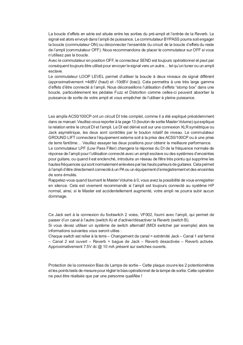 Boucle d’effets, Sortie direct, Jack footswitch | Protection de la connexion bias de lampe de sortie | Vox Classic Plus AC50 User Manual | Page 16 / 37