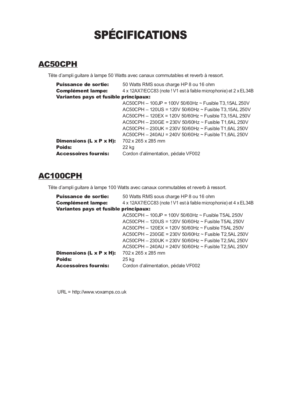 Spécifications, Ac50cph, Ac100cph | Vox Classic Plus AC50 User Manual | Page 18 / 37