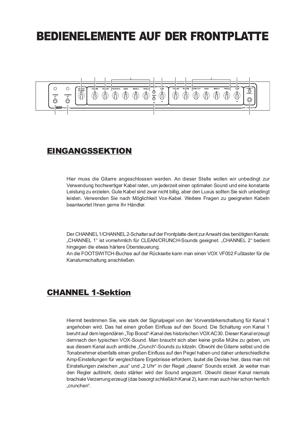 Bedienelemente auf der frontplatte, Eingangssektion, Channel 1-sektion | Vox Classic Plus AC50 User Manual | Page 21 / 37