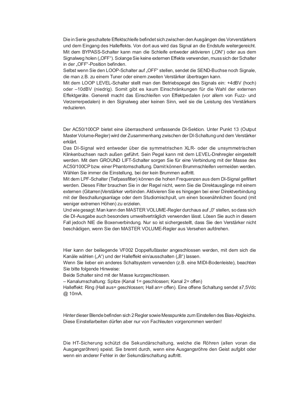 Effects loop, Direct out, Foot switch-buchse | Blende der bias-regler für die ausgangsröhre, Ht fuse | Vox Classic Plus AC50 User Manual | Page 25 / 37