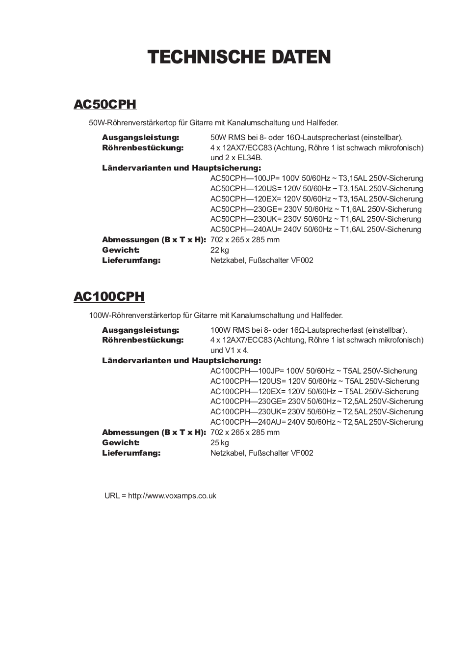Technische daten, Ac50cph, Ac100cph | Vox Classic Plus AC50 User Manual | Page 27 / 37