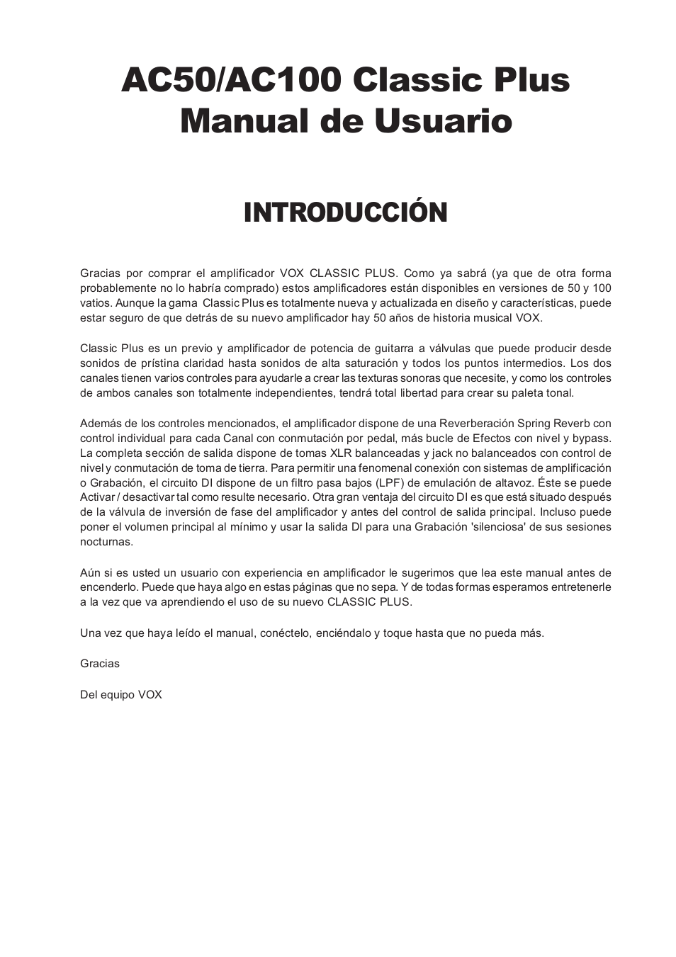 Introducción | Vox Classic Plus AC50 User Manual | Page 29 / 37