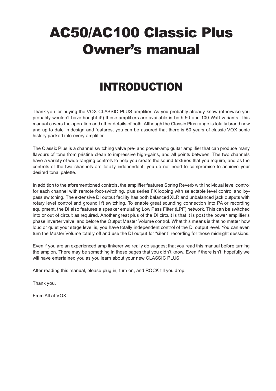 Introduction | Vox Classic Plus AC50 User Manual | Page 3 / 37