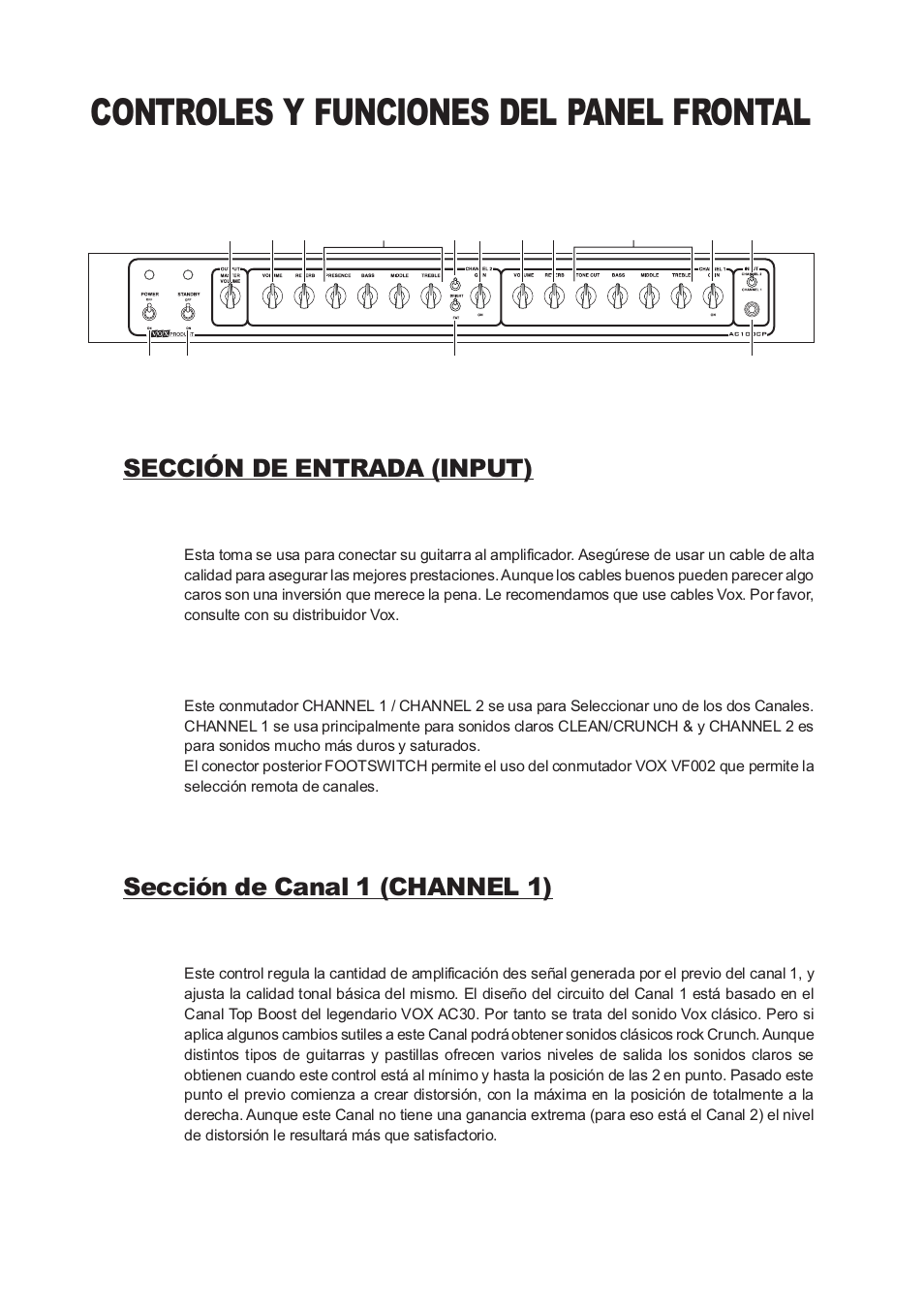 Controles y funciones del panel frontal, Sección de entrada (input), Sección de canal 1 (channel 1) | Vox Classic Plus AC50 User Manual | Page 30 / 37