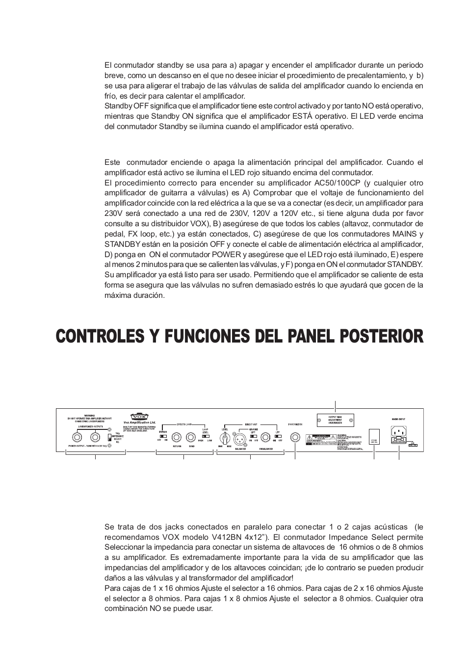 Controles y funciones del panel posterior | Vox Classic Plus AC50 User Manual | Page 33 / 37