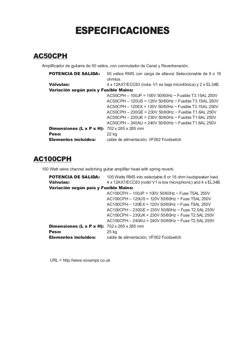 Especificaciones, Ac50cph, Ac100cph | Vox Classic Plus AC50 User Manual | Page 36 / 37