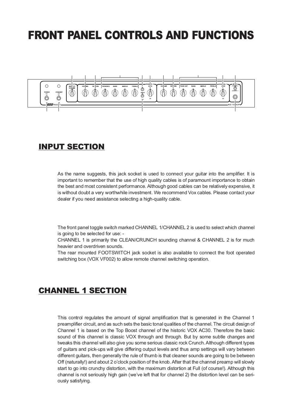 Front panel controls and functions | Vox Classic Plus AC50 User Manual | Page 4 / 37