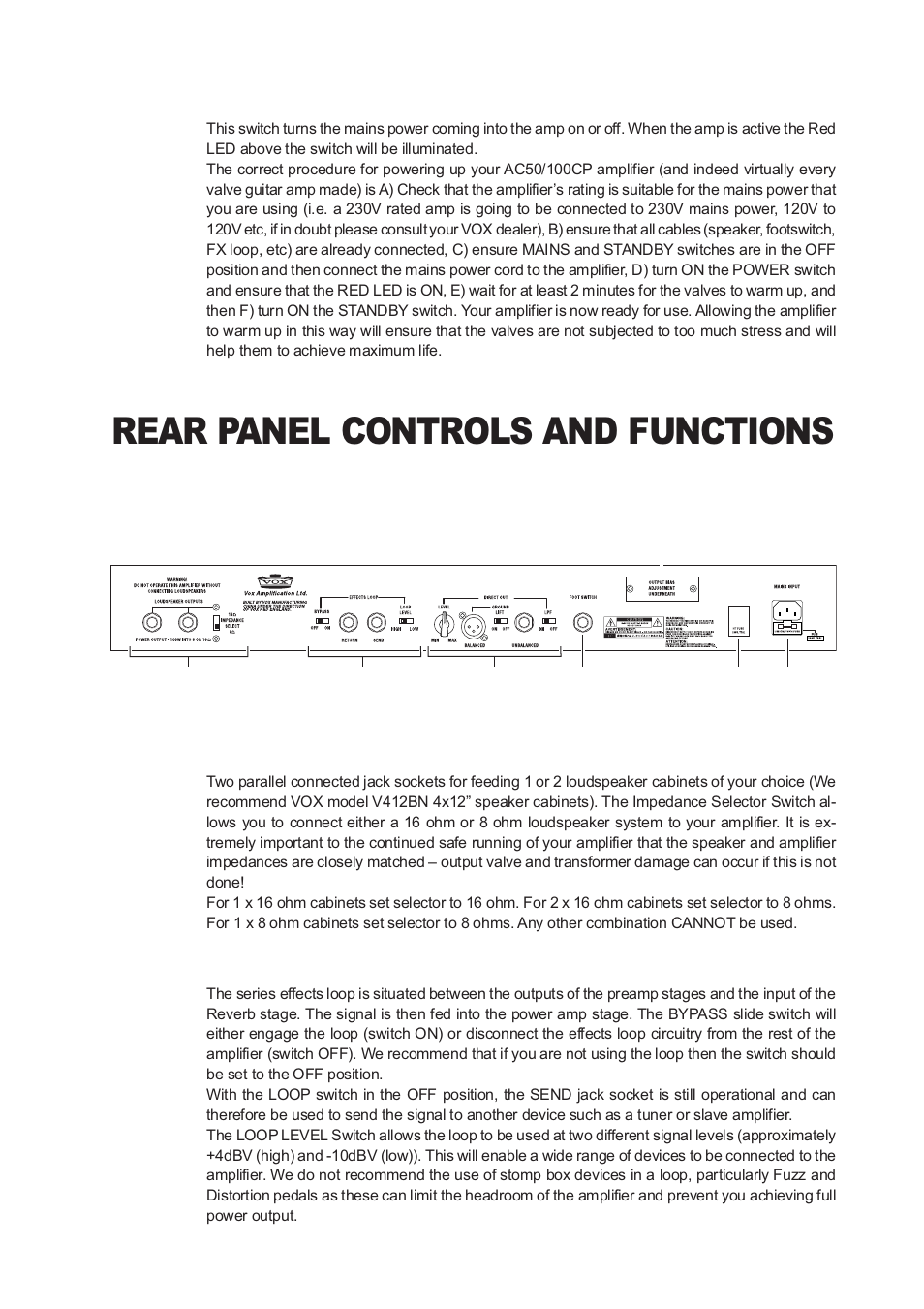 Rear panel controls and functions | Vox Classic Plus AC50 User Manual | Page 7 / 37