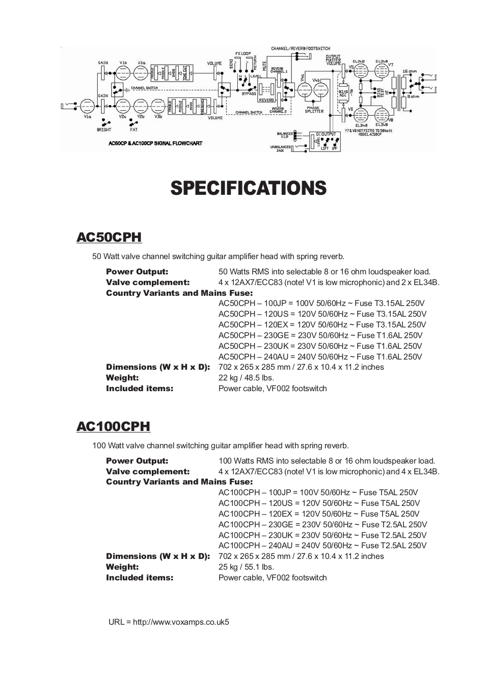 Specifications, Ac50cph, Ac100cph | Vox Classic Plus AC50 User Manual | Page 9 / 37