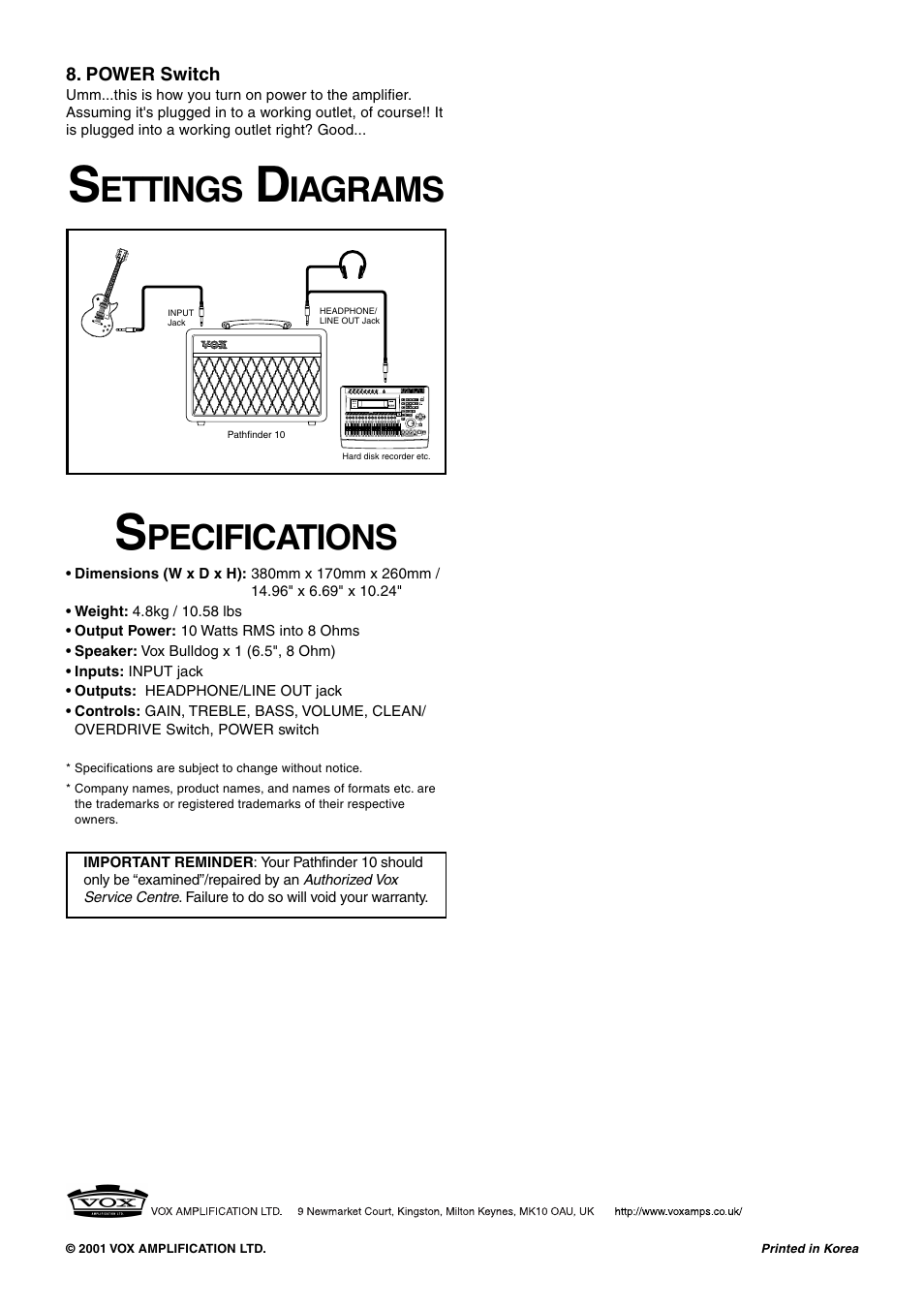 Ettings, Iagrams, Pecifications | Vox PATHFINDER 10 User Manual | Page 2 / 9