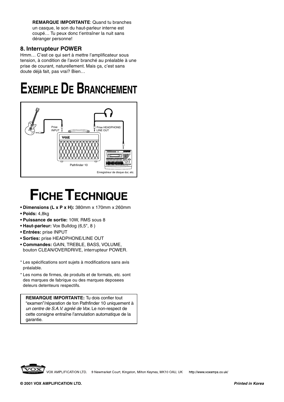 Xemple, Ranchement, Iche | Echnique | Vox PATHFINDER 10 User Manual | Page 5 / 9