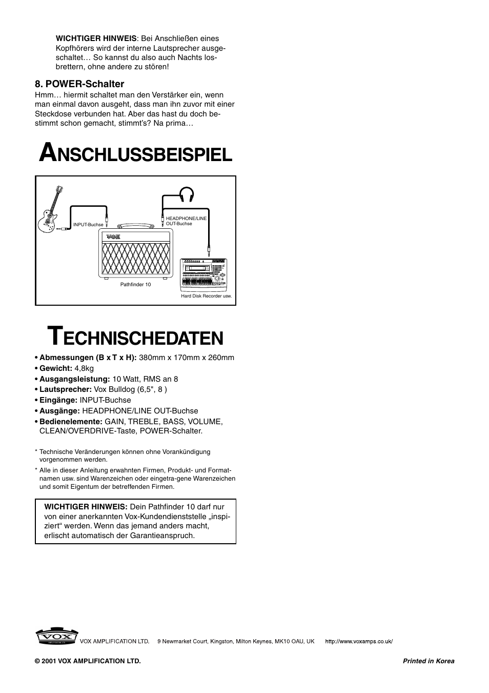 Nschlussbeispiel, Echnischedaten | Vox PATHFINDER 10 User Manual | Page 8 / 9