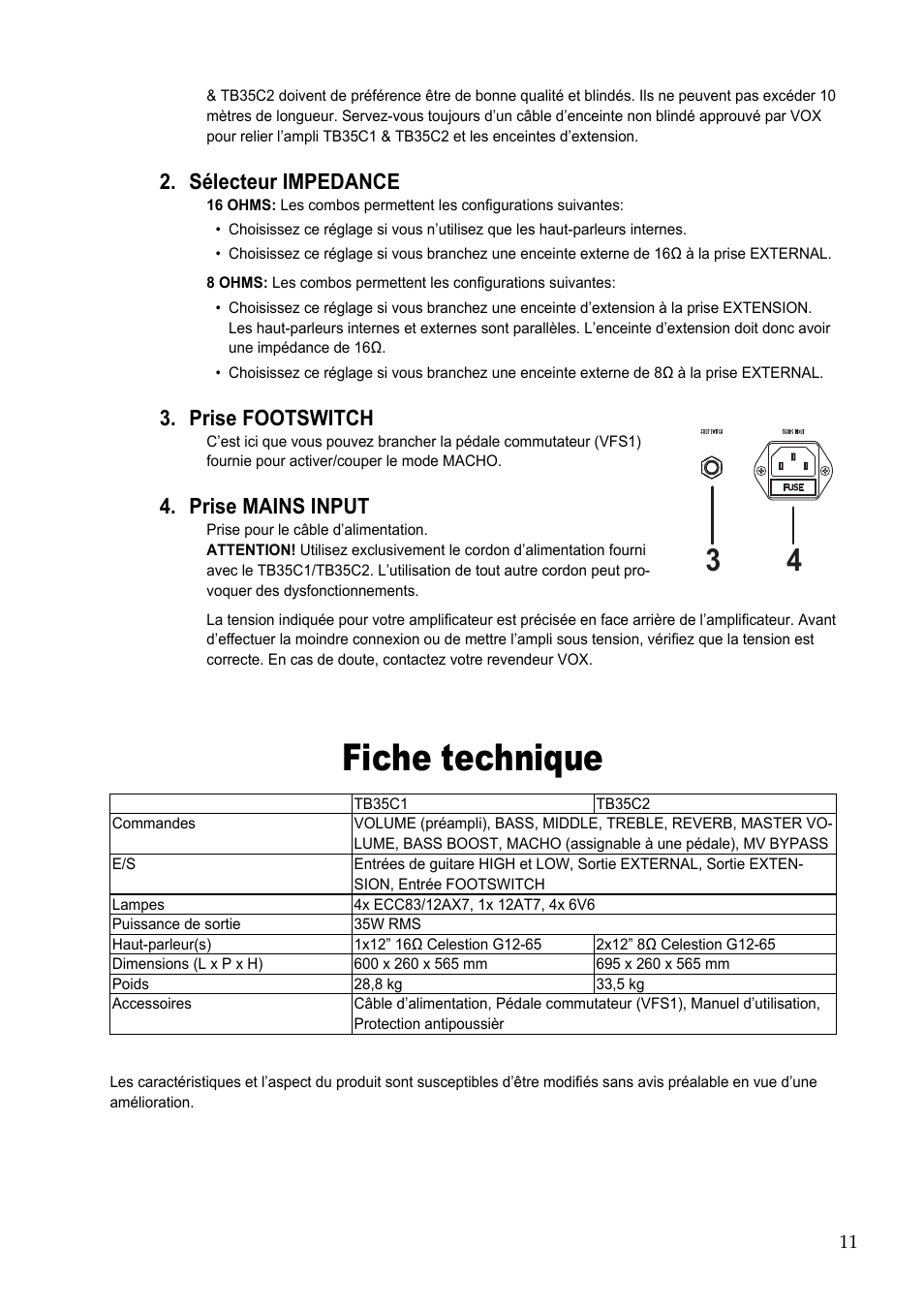 Fiche technique, Sélecteur impedance 2, Prise footswitch 3 | Prise mains input 4 | Vox TB35C1 User Manual | Page 11 / 22