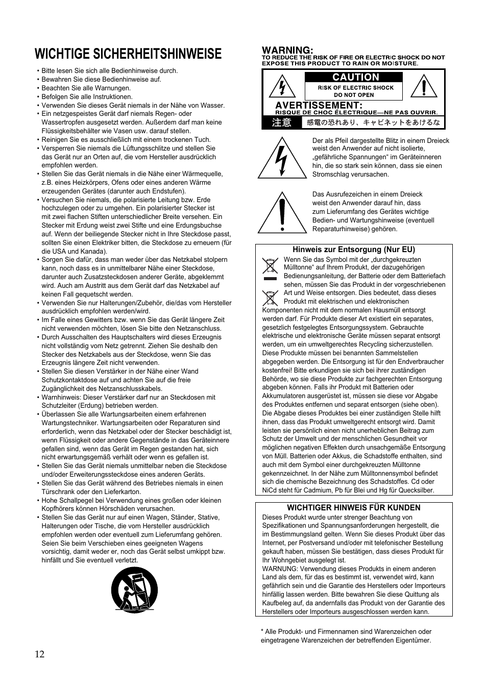 Deutsch, Wichtige sicherheitshinweise | Vox TB35C1 User Manual | Page 12 / 22