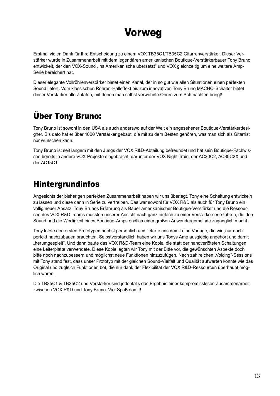 Vorweg, Über tony bruno, Hintergrundinfos | Vox TB35C1 User Manual | Page 13 / 22