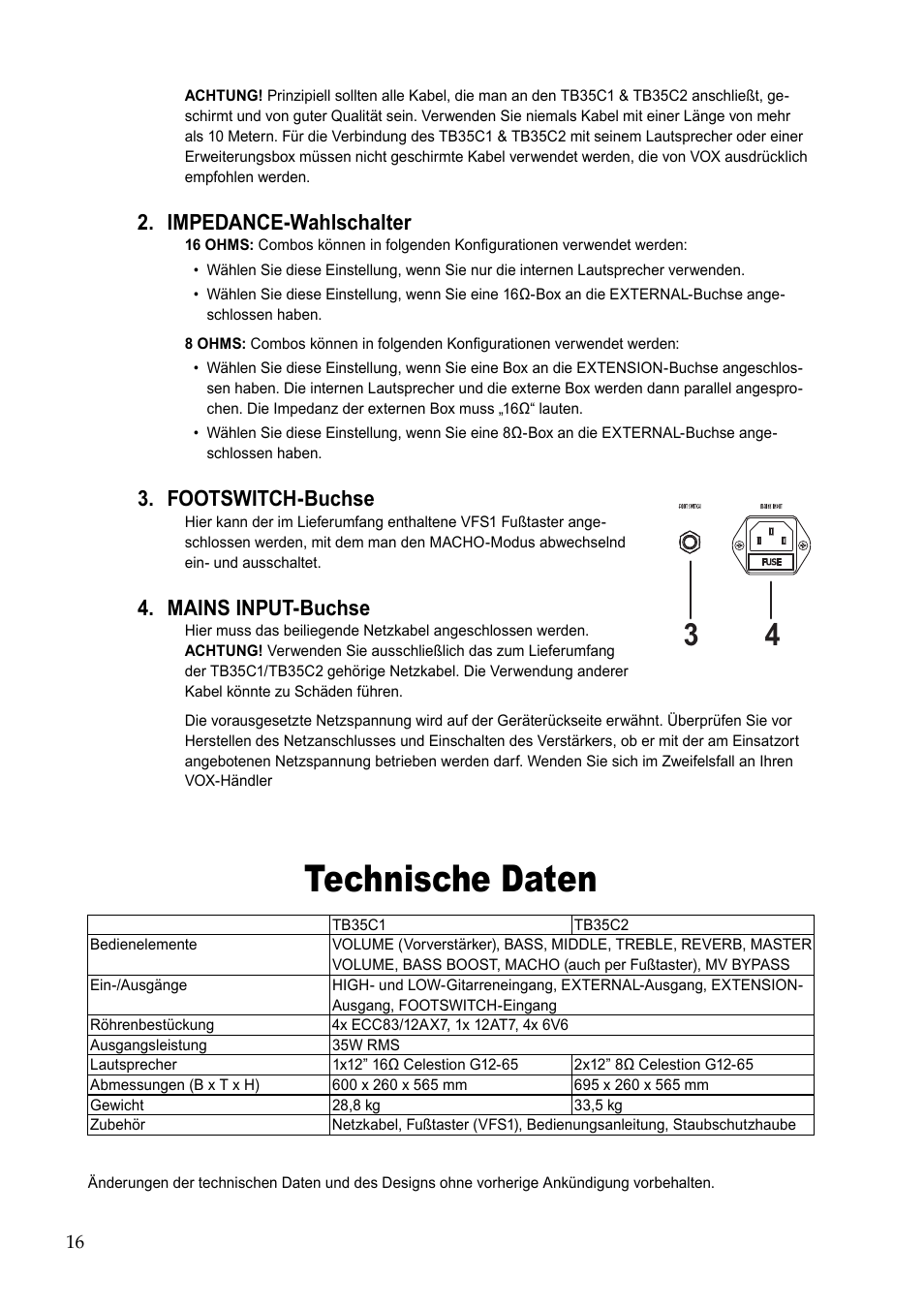 Technische daten, Impedance-wahlschalter 2, Footswitch-buchse 3 | Mains input-buchse 4 | Vox TB35C1 User Manual | Page 16 / 22