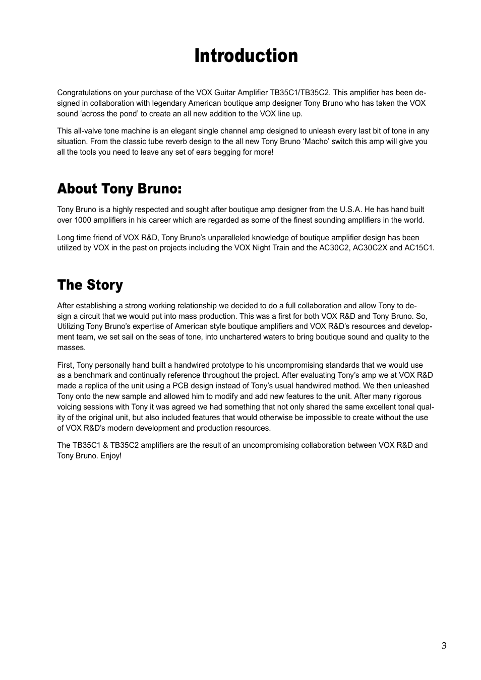 Introduction, About tony bruno, The story | Vox TB35C1 User Manual | Page 3 / 22