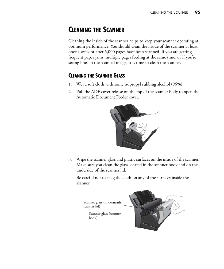 Cleaning the scanner, Cleaning the scanner glass, Leaning | Canner | Visioneer STROBE 500 User Manual | Page 102 / 122