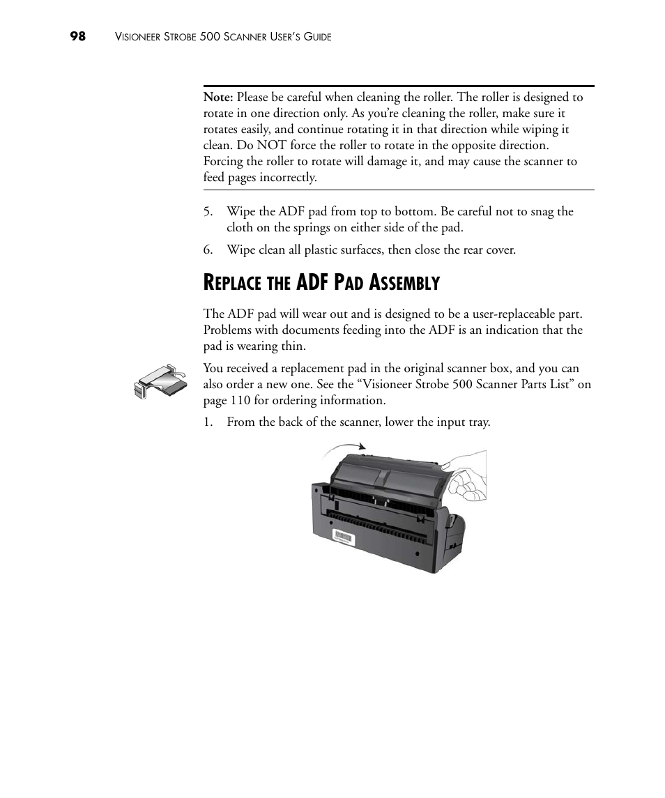 Replace the adf pad assembly, Adf p, Eplace | Ssembly | Visioneer STROBE 500 User Manual | Page 105 / 122
