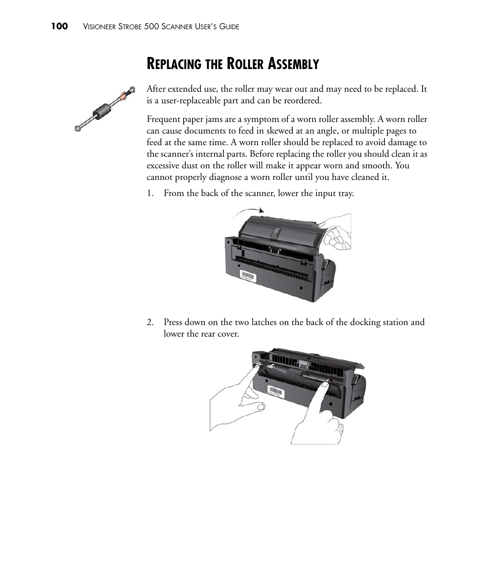 Replacing the roller assembly, Eplacing, Oller | Ssembly | Visioneer STROBE 500 User Manual | Page 107 / 122