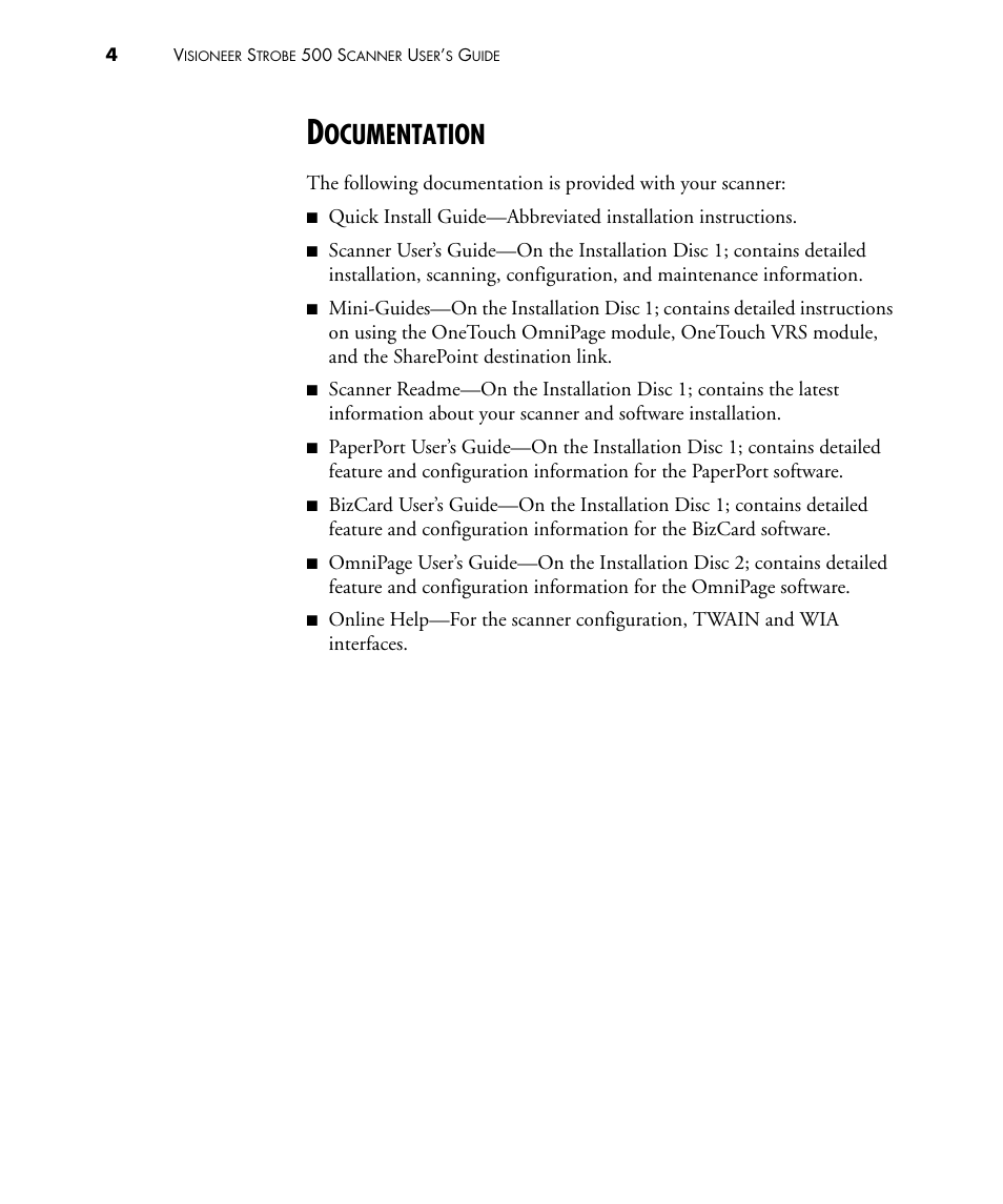 Documentation, Ocumentation | Visioneer STROBE 500 User Manual | Page 11 / 122