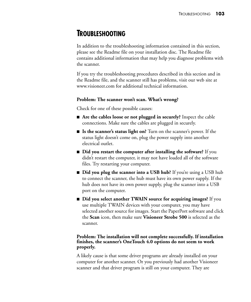 Troubleshooting, Roubleshooting | Visioneer STROBE 500 User Manual | Page 110 / 122