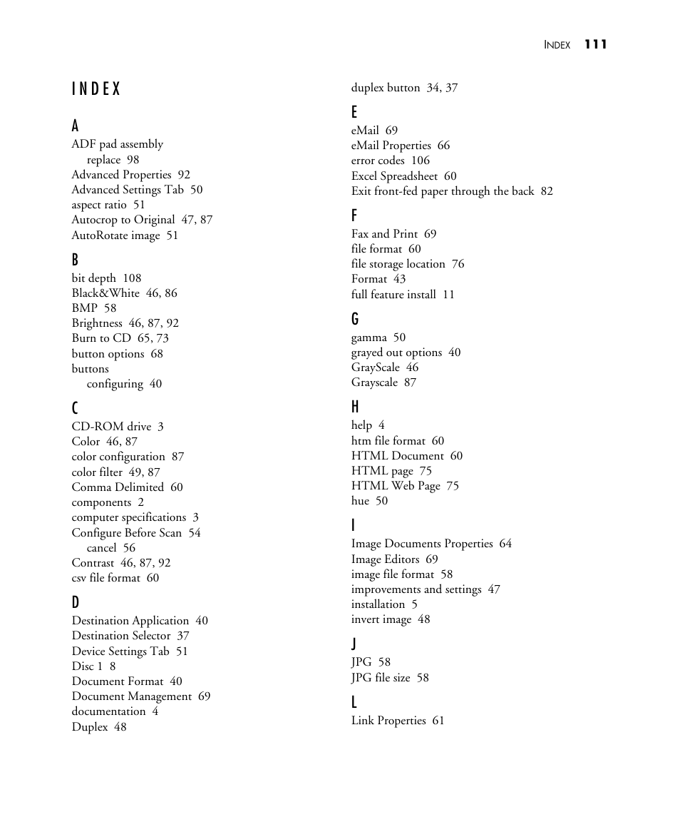 Index | Visioneer STROBE 500 User Manual | Page 118 / 122