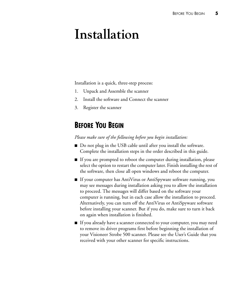 Installation, Before you begin, Efore | Egin | Visioneer STROBE 500 User Manual | Page 12 / 122