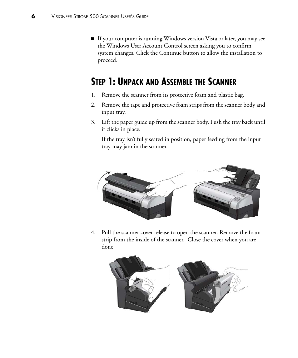 Step 1: unpack and assemble the scanner, Npack, Ssemble | Canner | Visioneer STROBE 500 User Manual | Page 13 / 122