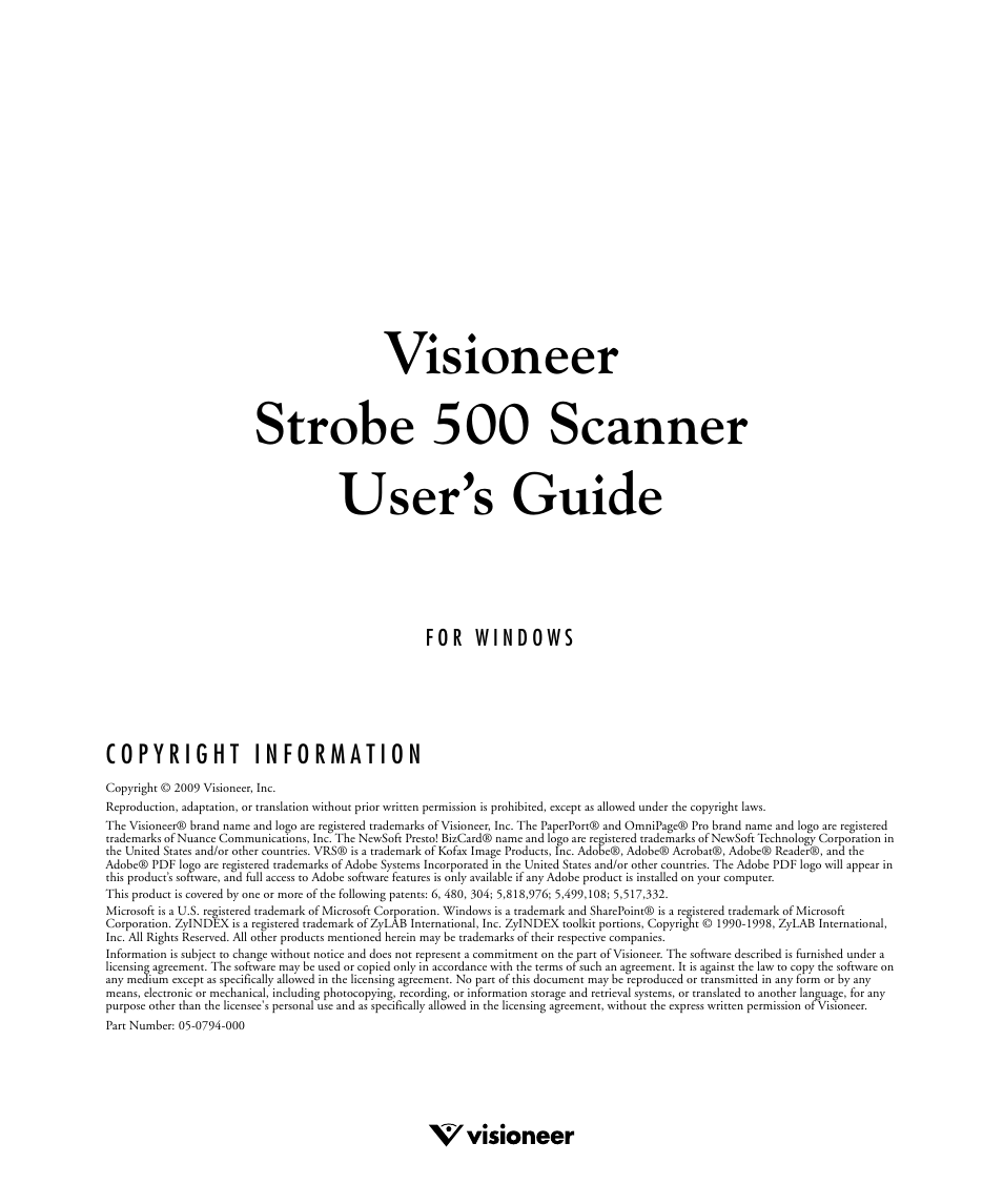 Visioneer strobe 500 scanner user’s guide | Visioneer STROBE 500 User Manual | Page 2 / 122
