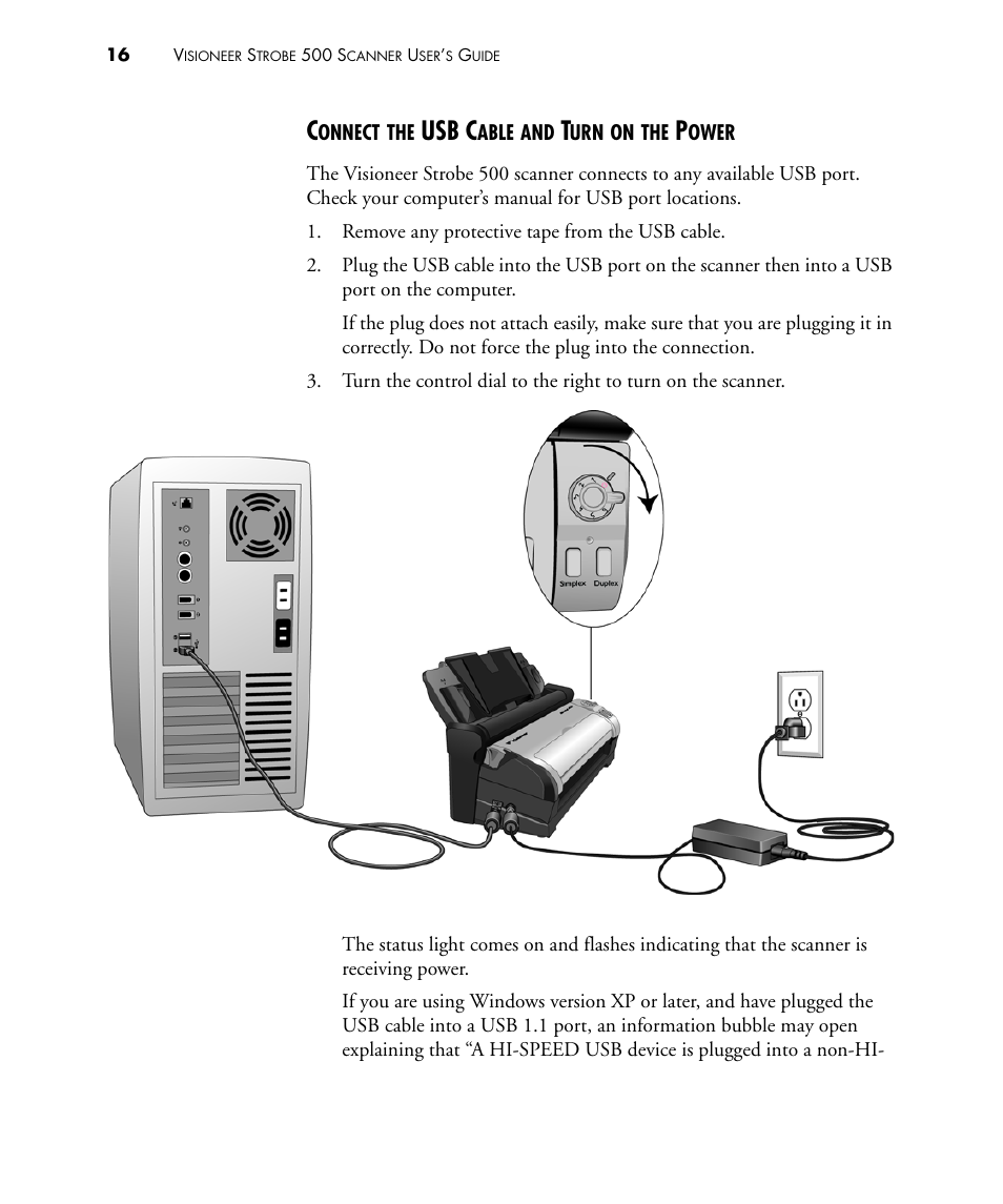 Connect the usb cable and turn on the power, Usb c | Visioneer STROBE 500 User Manual | Page 23 / 122
