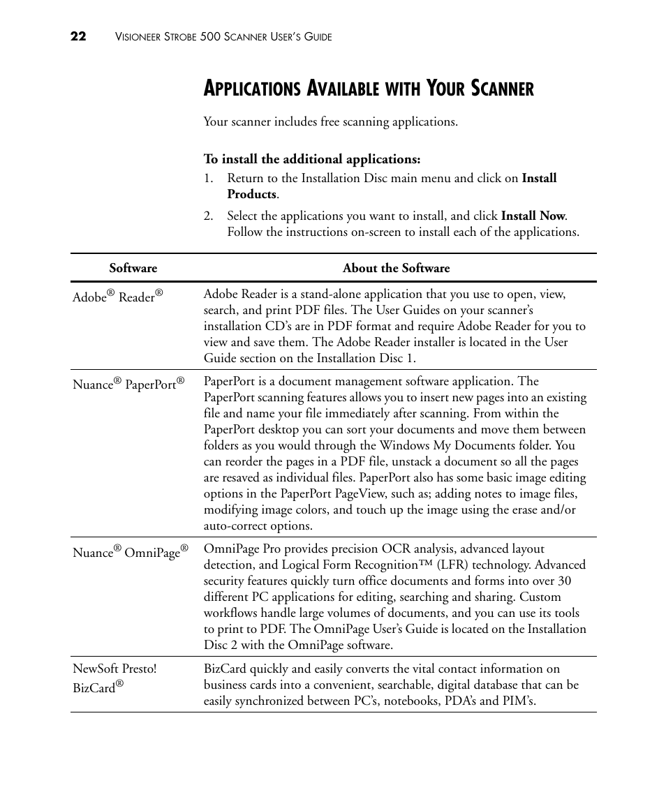 Applications available with your scanner, Pplications, Vailable | With, Canner | Visioneer STROBE 500 User Manual | Page 29 / 122
