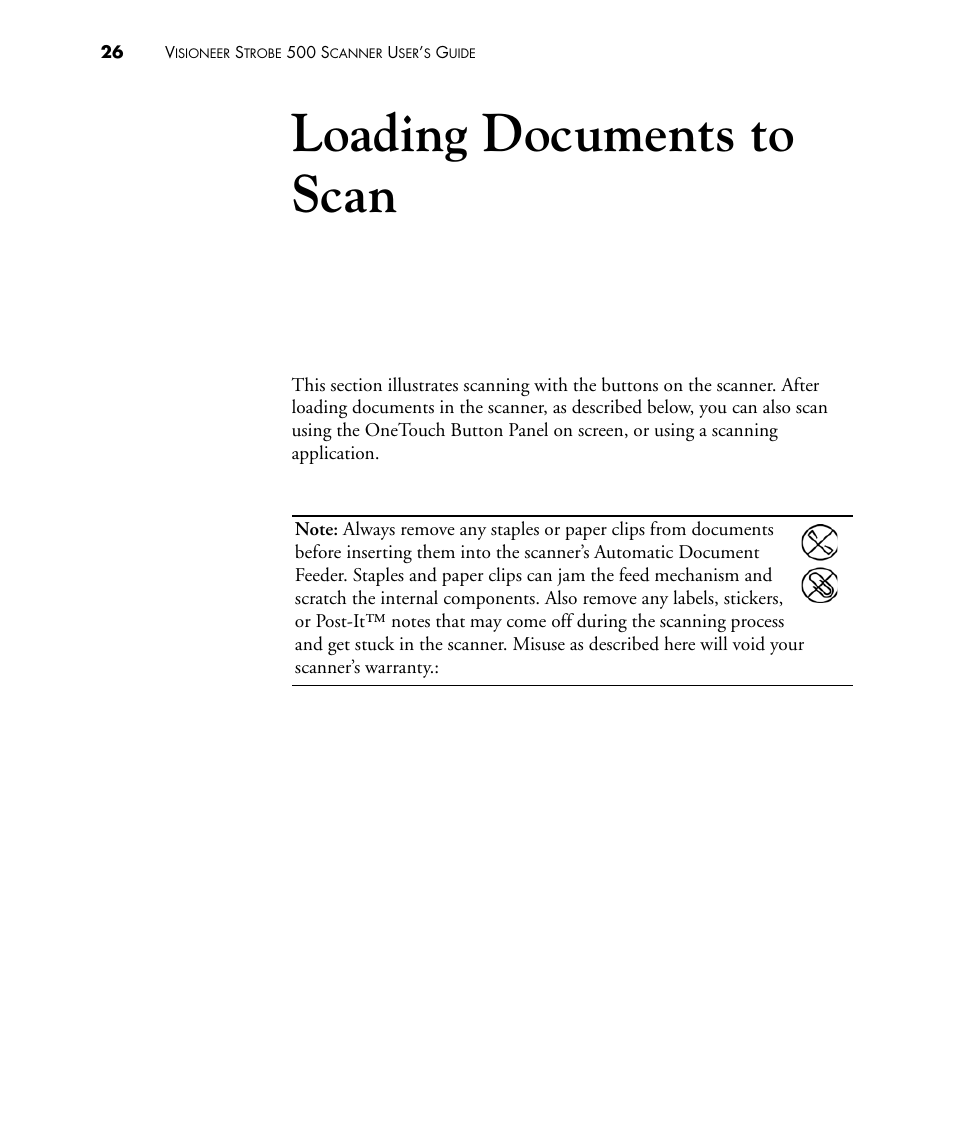 Loading documents to scan | Visioneer STROBE 500 User Manual | Page 33 / 122