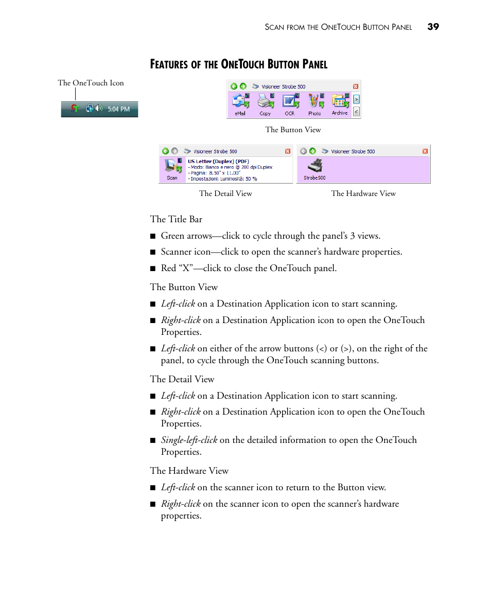 Features of the onetouch button panel | Visioneer STROBE 500 User Manual | Page 46 / 122